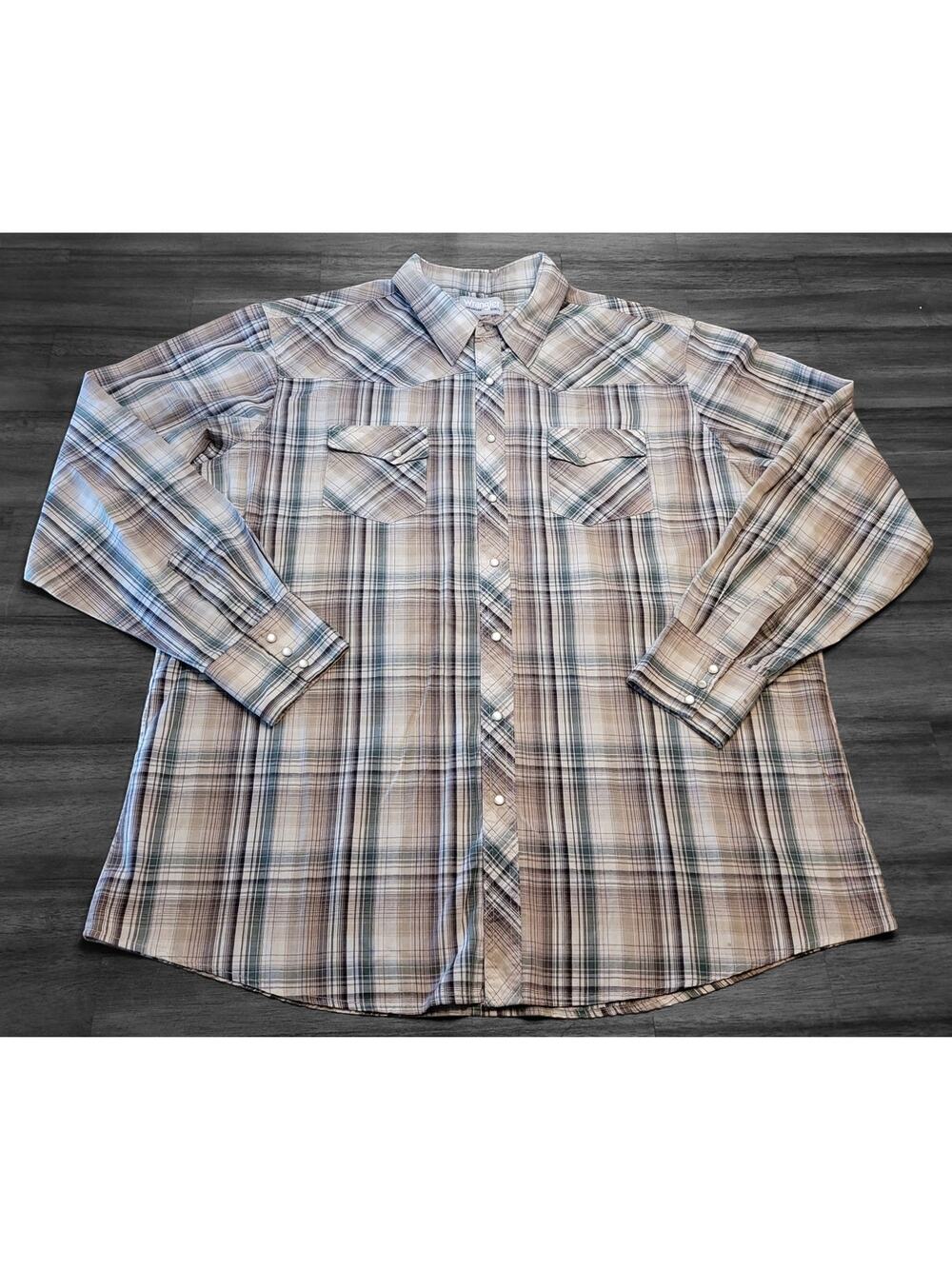 Wrangler Men’s 2XL Green Plaid Pearl Snap Western Shirt Rodeo Style EUC